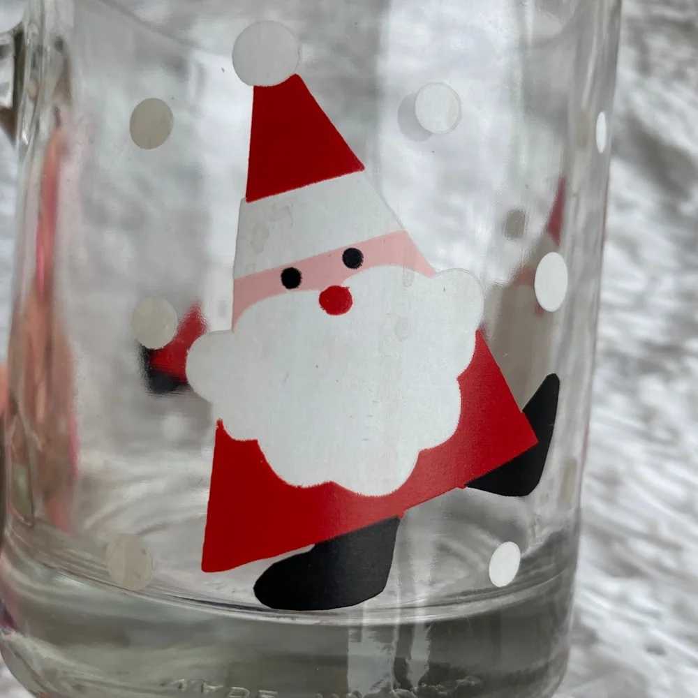 CRATE & BARREL Dancing Santas Glass Cocoa Coffee Mug